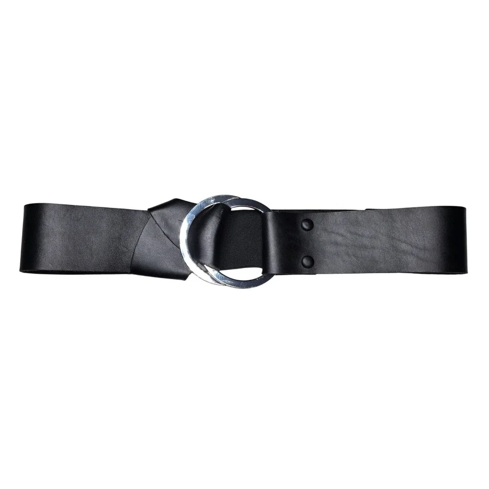 Chicos Black Genuine Leather Wide O-Ring Elastic Stretch Cinch Belt Size Medium